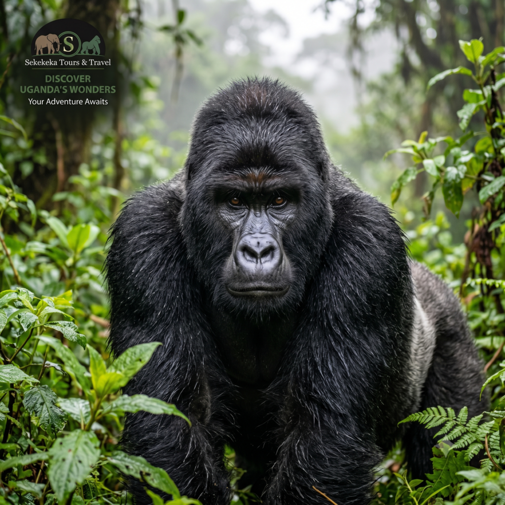 Close-up portrait of an imposing male silverback mountain gorilla making direct eye contact in the misty rainforest foliage of Bwindi Impenetrable National Park, Uganda. Integrated branding for Sekekeka Tours and Travel with the tagline 'Discover Uganda's Wonders'.