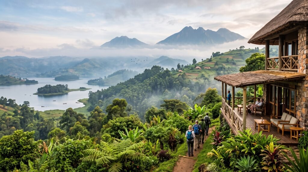 Hikers walking along a dirt forest path next to a multi-story thatched-roof lodge with a veranda overlooking misty mountains, densely forested hills, and the island-dotted Lake Bunyonyi under a cloudy, atmospheric sky.
