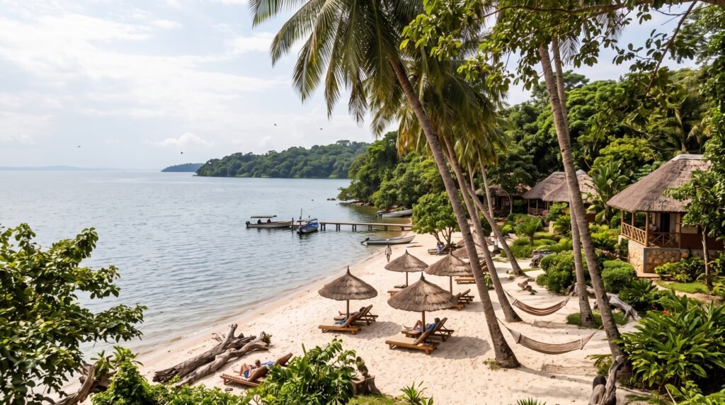 Natural white sand beach lined with leaning palm trees, hammocks, and thatched-roof parasols at a resort on the Ssese Islands, Lake Victoria, with lakeside cottages and a wooden jetty on the water.