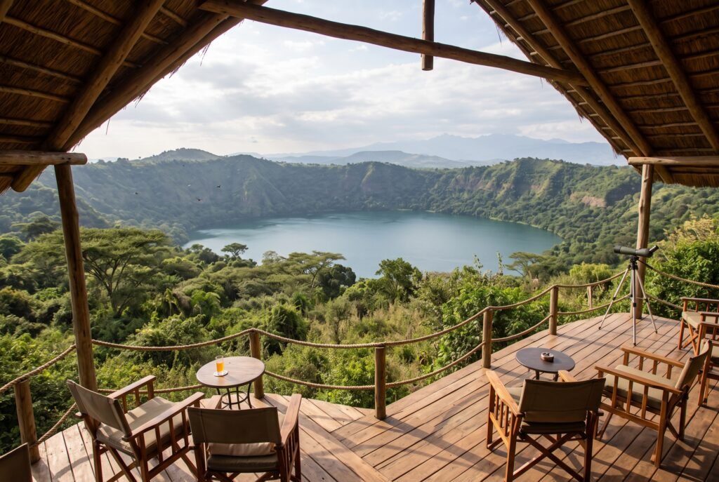 Thatched-roof wooden deck of a luxury safari lodge with safari chairs overlooking a lush green crater lake in Western Uganda.
