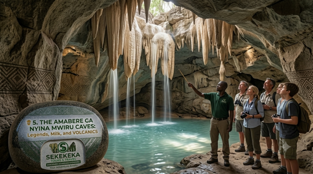 An experienced local tour guide from Sekekeka Tours & Travel points to dramatic hanging stalactites inside the Amabere Ga Nyina Mwiru Caves near Fort Portal, Uganda. Streams of water cascade past the geological structures into a clear turquoise plunge pool below, while a group of international eco-tourists looks on attentively next to a custom stone branding marker detailing the site's legends and folklore.