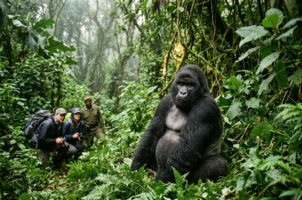 A massive silverback mountain gorilla sits calmly in lush green foliage in Bwindi Impenetrable National Park, Uganda, looking directly forward. Behind it on the left, two tourists with backpacks and an armed park ranger in uniform observe it attentively from a distance.