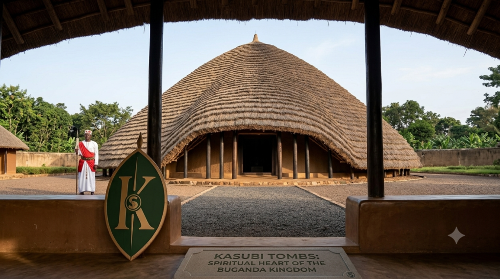 A symmetric wide shot of the grand thatched dome architecture at the Kasubi Tombs, the spiritual heart of the Buganda Kingdom in Uganda. Framed under a traditional thatched entryway, the view showcases the meticulously woven organic roof structure, structural support poles, a clean courtyard trail, and a Buganda royal guard dressed in traditional white and red ceremonial attire standing to the left alongside a green royal shield.