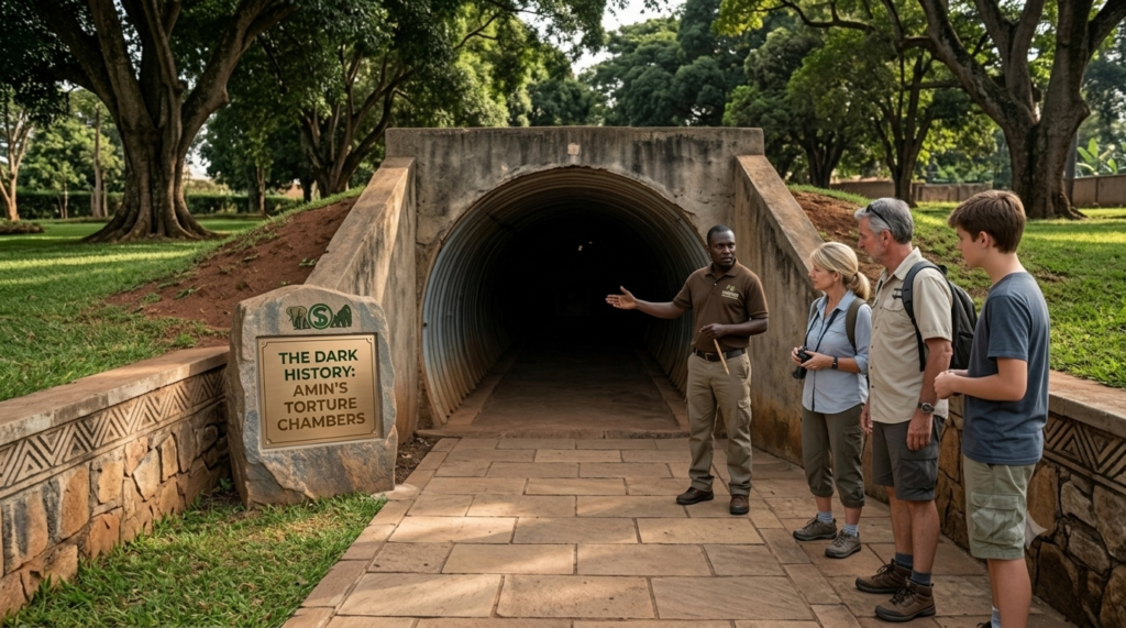 An experienced local tour guide gestures toward the entrance of the historic concrete underground military tunnels at Mengo Palace in Kampala, Uganda. An international tourist family stands attentively on a paved walkway listening to the dark history of Idi Amin's torture chambers, with lush green palace grounds and mature trees in the background.