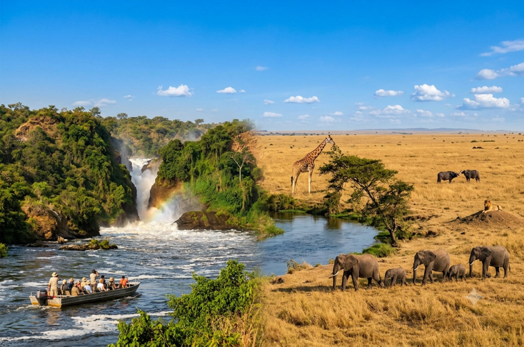 An expansive landscape shot showing the Nile River plunging down Murchison Falls through a narrow gorge on the left, with an elephant and a giraffe grazing on the open savannah plain to the right. A boat is visible near the base of the falls.