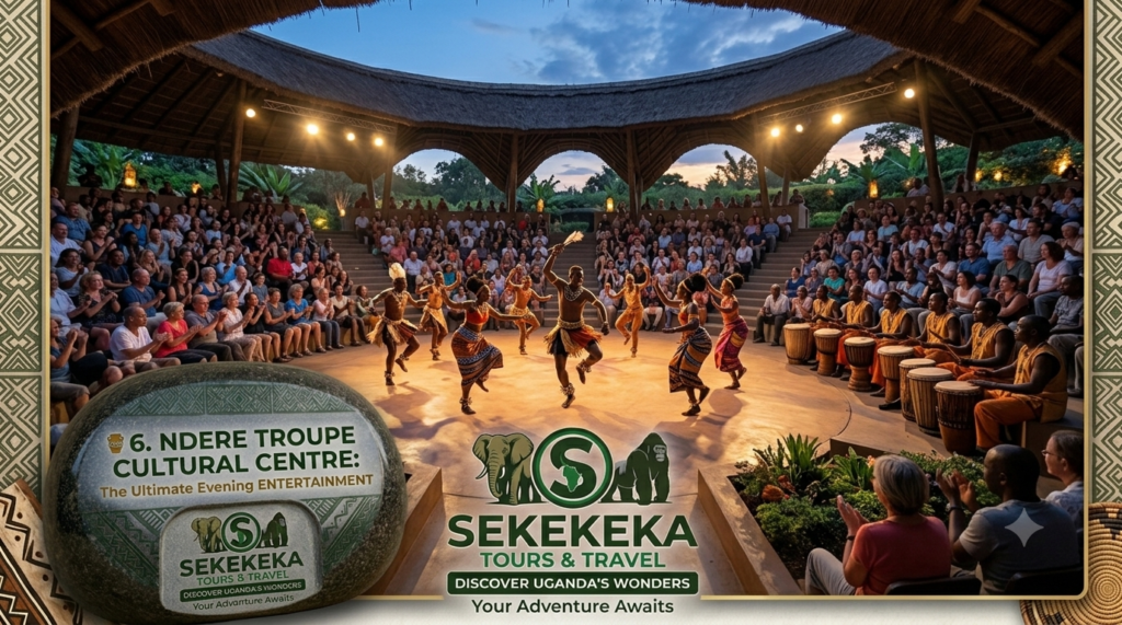A wide-angle landscape photograph captured at twilight inside the thatched open-air amphitheater of the Ndere Cultural Centre in Kisaasi, Kampala. A large audience of locals and international tourists sits on tiered concrete seating watching the multi-award-winning Ndere Troupe execute a high-energy traditional Ugandan dance with powerful drummers, all framed by traditional barkcloth geometric patterns and a custom Sekekeka Tours & Travel stone branding marker.