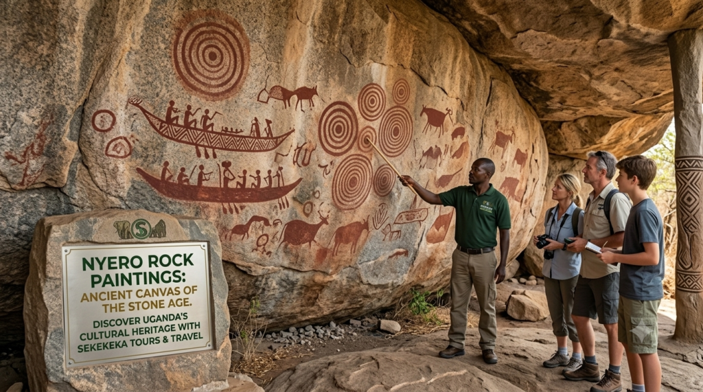 A professional local safari guide from Sekekeka Tours & Travel points to prehistoric red geometric concentric circles and canoe art at the Nyero Rock Paintings in Eastern Uganda, explaining the history to an attentive family of international tourists inside the granite rock shelter.