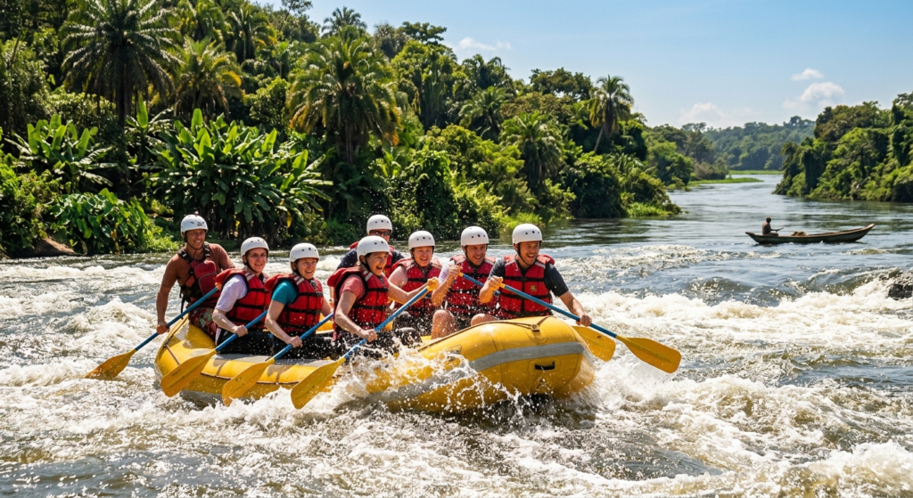 A group of adventurers wearing life jackets and helmets paddle hard in a yellow raft, crashing through a large white-water rapid on the River Nile near Jinja, Uganda.