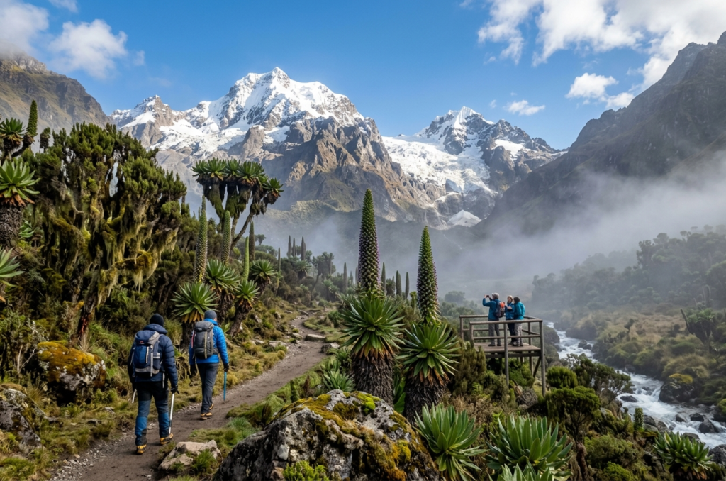 Two trekkers with backpacks and hiking poles walk along a winding dirt trail in the foreground, approaching the snow-capped Margherita Peak (5,109 m) of the Rwenzori Mountains in Uganda. A river flows to the right, and large afro-alpine plants are visible.