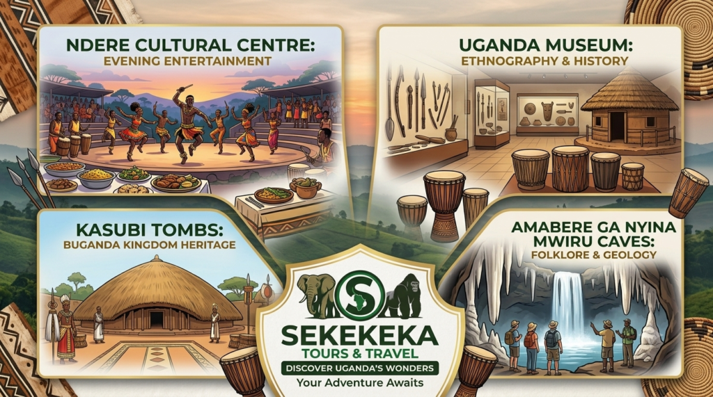 An illustrated multi-panel cultural tourism banner by Sekekeka Tours & Travel. The design showcases four distinct Ugandan heritage quadrants framed by traditional geometric barkcloth patterns and tribal drums. The panels include: the high-energy evening entertainment of the Ndere Cultural Centre with live tribal dancers; the educational exhibits and ancient instruments of the Uganda Museum; the thatched imperial architecture of the Kasubi Tombs; and an eco-tourist group exploring the geological formations of the Amabere Ga Nyina Mwiru Caves.