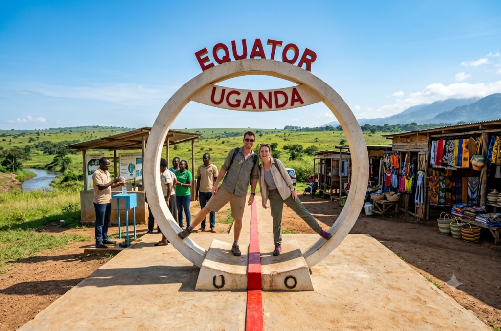 Two smiling tourists stand straddling the red line painted through the circular Uganda Equator monument near Kayabwe, demonstrating standing in both the northern and southern hemispheres at once. Local crafts and lush hills are in the background.