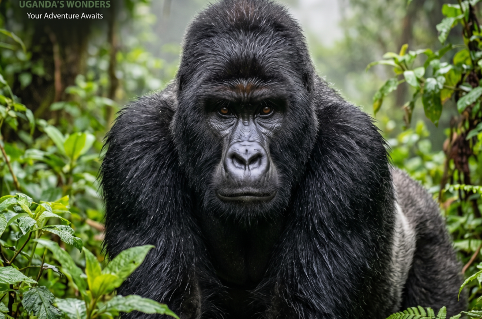 Close-up portrait of an imposing male silverback mountain gorilla making direct eye contact in the misty rainforest foliage of Bwindi Impenetrable National Park, Uganda. Integrated branding for Sekekeka Tours and Travel with the tagline 'Discover Uganda's Wonders'.
