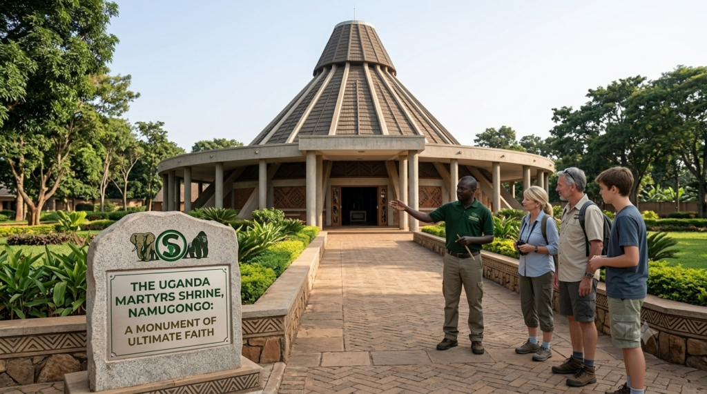 A local expert tour guide from Sekekeka Tours & Travel stands on a paved walkway, gesturing toward the iconic architectural structure of the Uganda Martyrs Shrine in Namugongo. An international tourist family stands alongside a custom stone marker, listening to the history of the faith monument amidst manicured green gardens and surrounding trees.