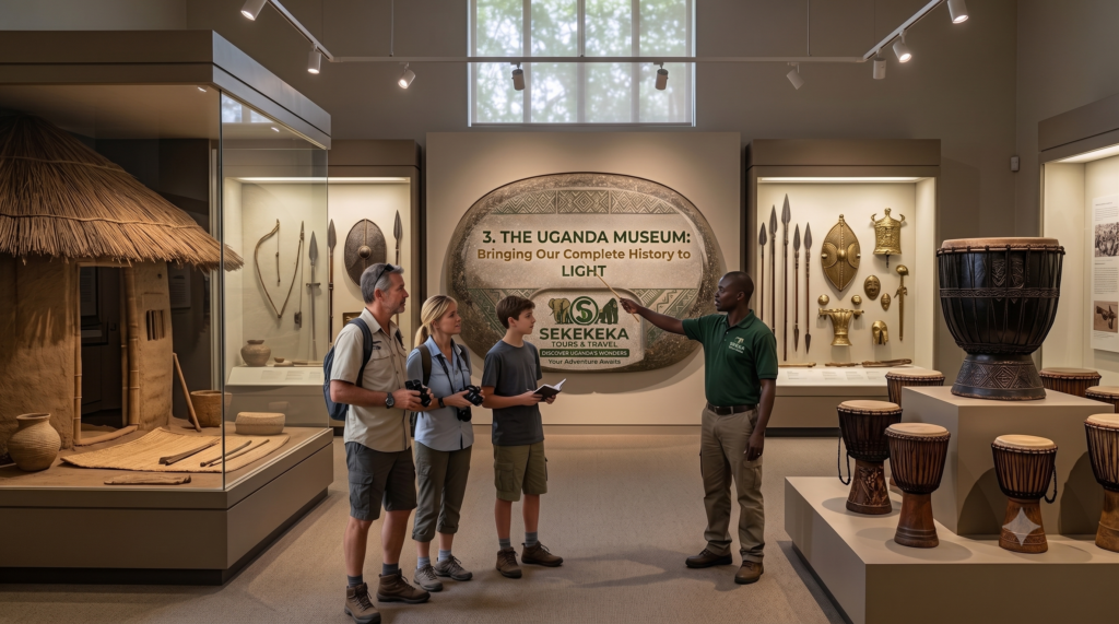 An experienced local tour guide from Sekekeka Tours & Travel points to a central decorative wall crest inside the main exhibition hall of the Uganda Museum in Kampala. An international tourist family stands attentively looking at historic ethnographic displays, including traditional thatched royal huts, ancient iron spears, shields, and a collection of indigenous Ugandan musical drums on raised platforms.