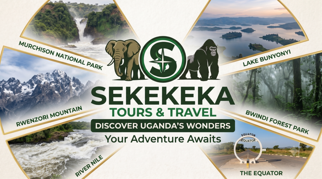 A master travel collage banner by Sekekeka Tours & Travel showcasing Uganda's top safari destinations: Murchison Falls National Park, Lake Bunyonyi, Bwindi Forest Park, the Rwenzori Mountains, the River Nile, and the Equator monument.