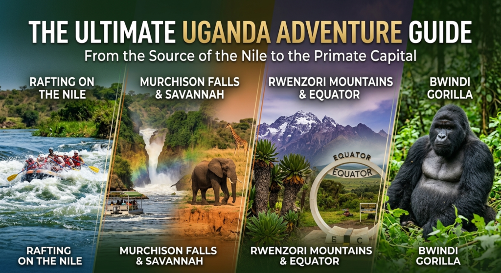 Collage featuring white-water rafting on the Nile, Murchison Falls wildlife, Rwenzori Mountains, the Equator monument, and a mountain gorilla in Bwindi Impenetrable Forest.