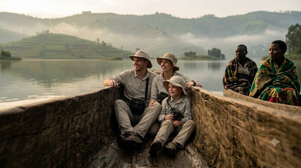 White tourists and local Ugandan guides enjoying a guided traditional dugout canoe tour on the misty, terraced waters of Lake Bunyonyi, a hidden gem in Uganda.