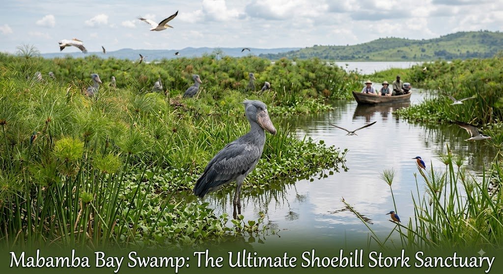 A prehistoric Shoebill Stork standing in the shallow waters and papyrus vegetation of Mabamba Bay Swamp in Uganda, with tourists in a wooden safari canoe in the background.