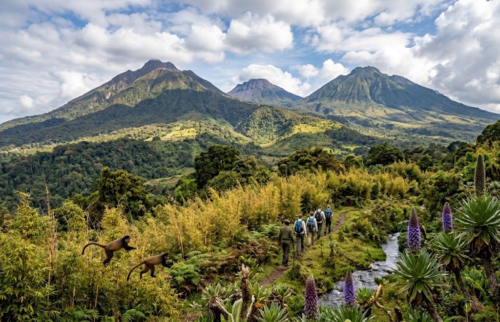 Mgahinga Gorilla National Park volcano trekking and golden monkey tracking in Uganda