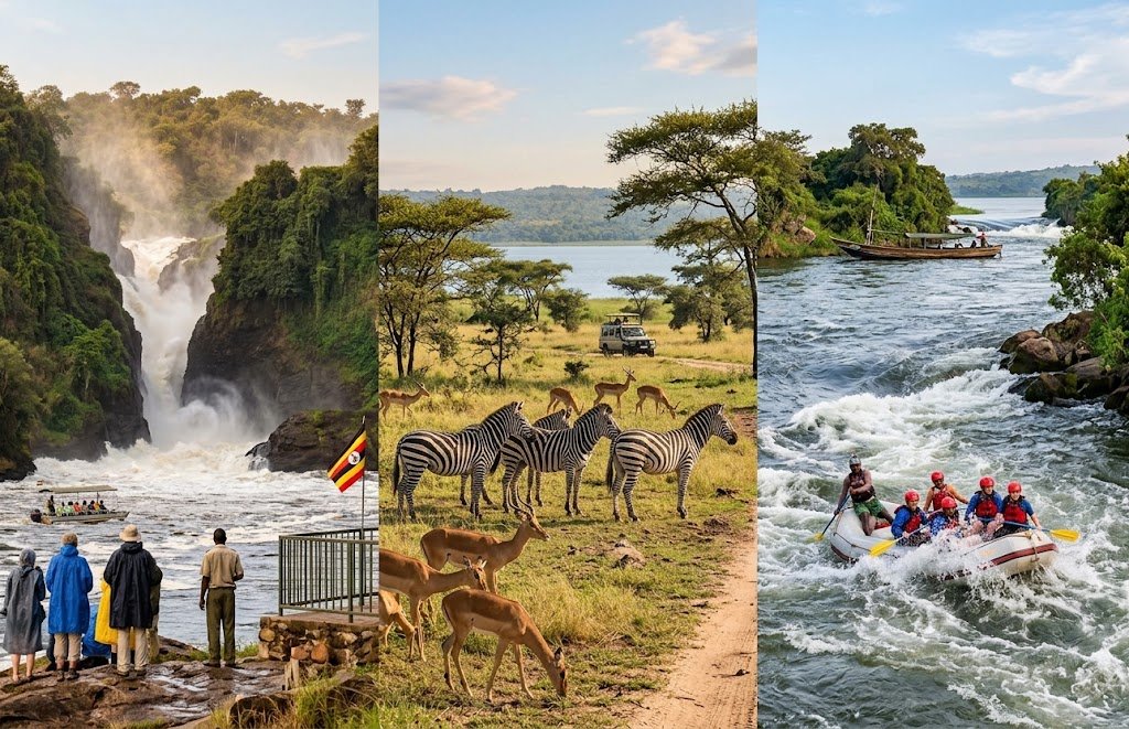 Multi-panel image showing Murchison Falls, Lake Mburo zebras, and white-water rafting on the Nile in Jinja, Uganda.
