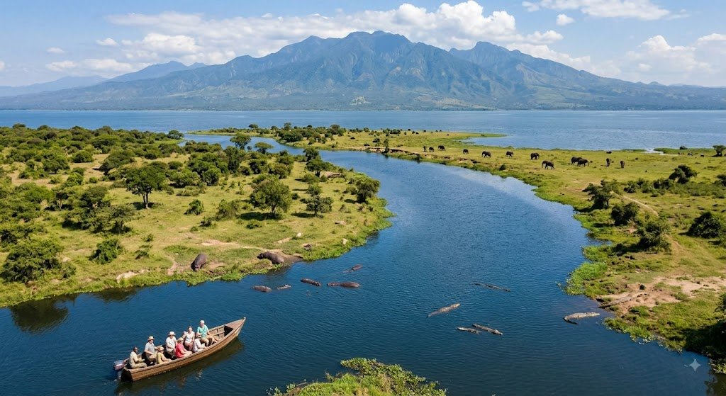 Aerial view of tourists on a boat safari along Kazinga Channel in Queen Elizabeth National Park, featuring hippos, elephants on the banks, and the Rwenzori Mountains in the distance.