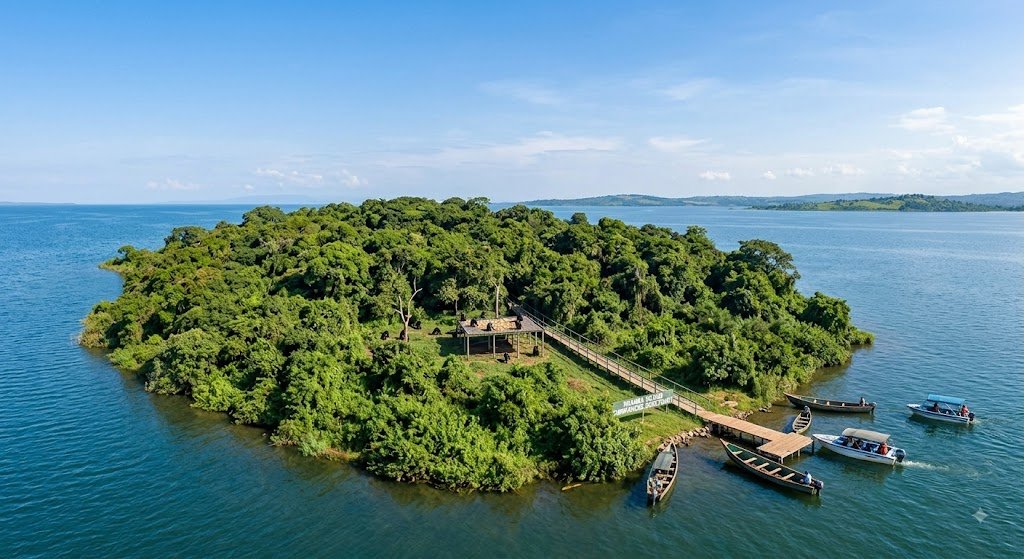 Aerial view of Ngamba Island Chimpanzee Sanctuary in Lake Victoria, Uganda, showing the forested island with a chimpanzee feeding platform, boardwalk, a sign, and multiple traditional wooden boats arriving at the jetty under a blue sky.