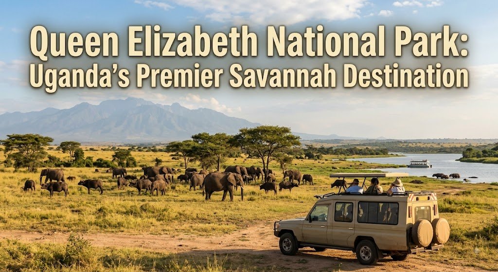 Safari vehicle on a game drive in Queen Elizabeth National Park, Uganda, overlooking a herd of elephants and buffaloes near Kazinga Channel with the Rwenzori Mountains in the background.